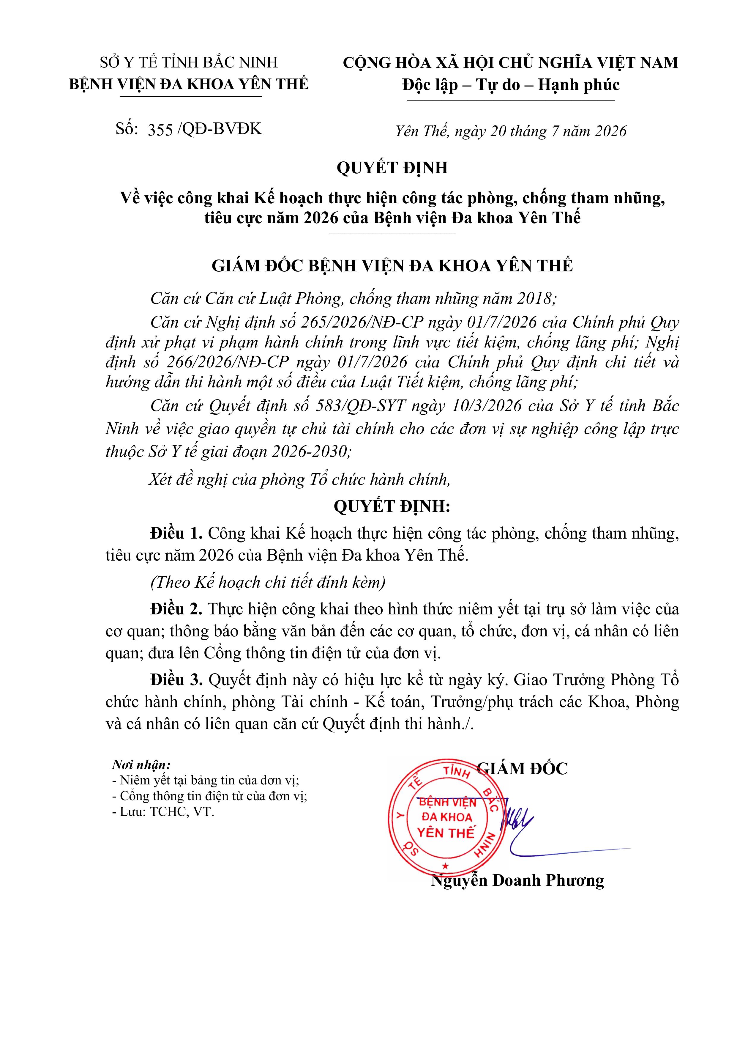 QUYẾT ĐỊNH  Về việc công khai Kế hoạch thực hiện công tác phòng, chống tham nhũng,  tiêu cực năm...|https://trungtamytehuyenyenthe.vn/chi-tiet-tin-tuc/-/asset_publisher/eRpXUeVW3L09/content/quyet-inh-ve-viec-cong-khai-ke-hoach-thuc-hien-cong-tac-phong-chong-tham-nhung-tieu-cuc-nam-2026-cua-benh-vien-a-khoa-yen-the