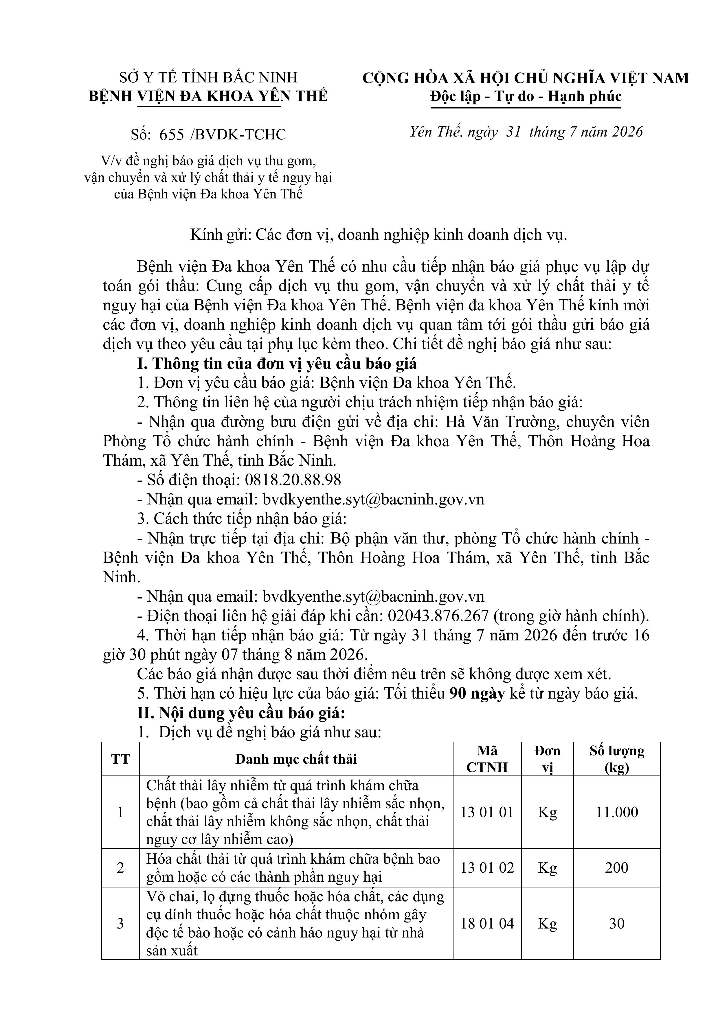 Thư mời báo giá dịch vụ thu gom, vận chuyển và xủw lý chất thải y tế nguy hại tại BVĐK Yên Thế|https://trungtamytehuyenyenthe.vn/chi-tiet-tin-tuc/-/asset_publisher/eRpXUeVW3L09/content/thu-moi-bao-gia-dich-vu-thu-gom-van-chuyen-va-xuw-ly-chat-thai-y-te-nguy-hai-tai-bv-k-yen-the