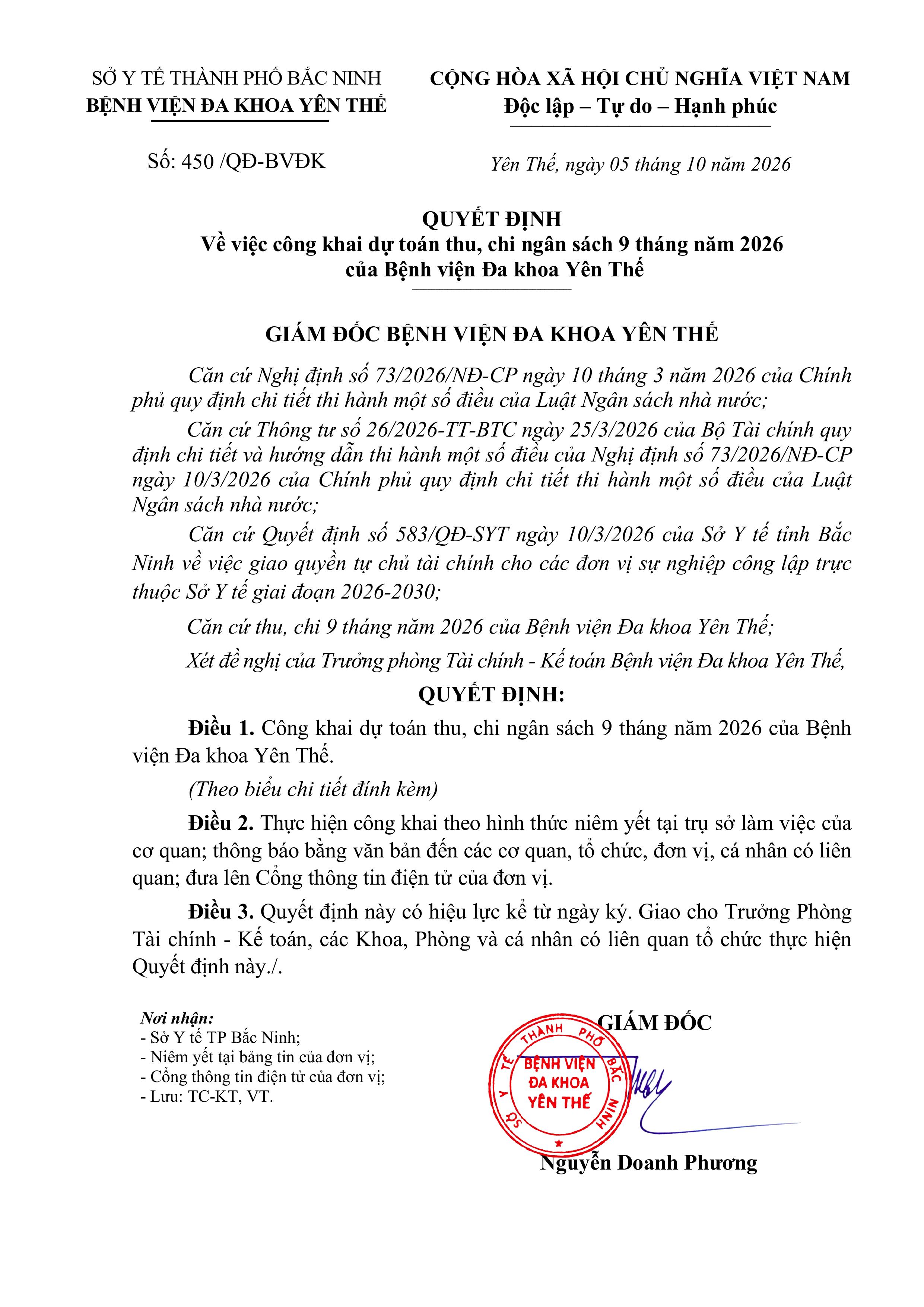 QUYẾT ĐỊNH  Về việc công khai dự toán thu, chi ngân sách 9 tháng năm 2026  của Bệnh viện Đa khoa...|https://trungtamytehuyenyenthe.vn/chi-tiet-tin-tuc/-/asset_publisher/eRpXUeVW3L09/content/quyet-inh-ve-viec-cong-khai-du-toan-thu-chi-ngan-sach-9-thang-nam-2026-cua-benh-vien-a-khoa-yen-the