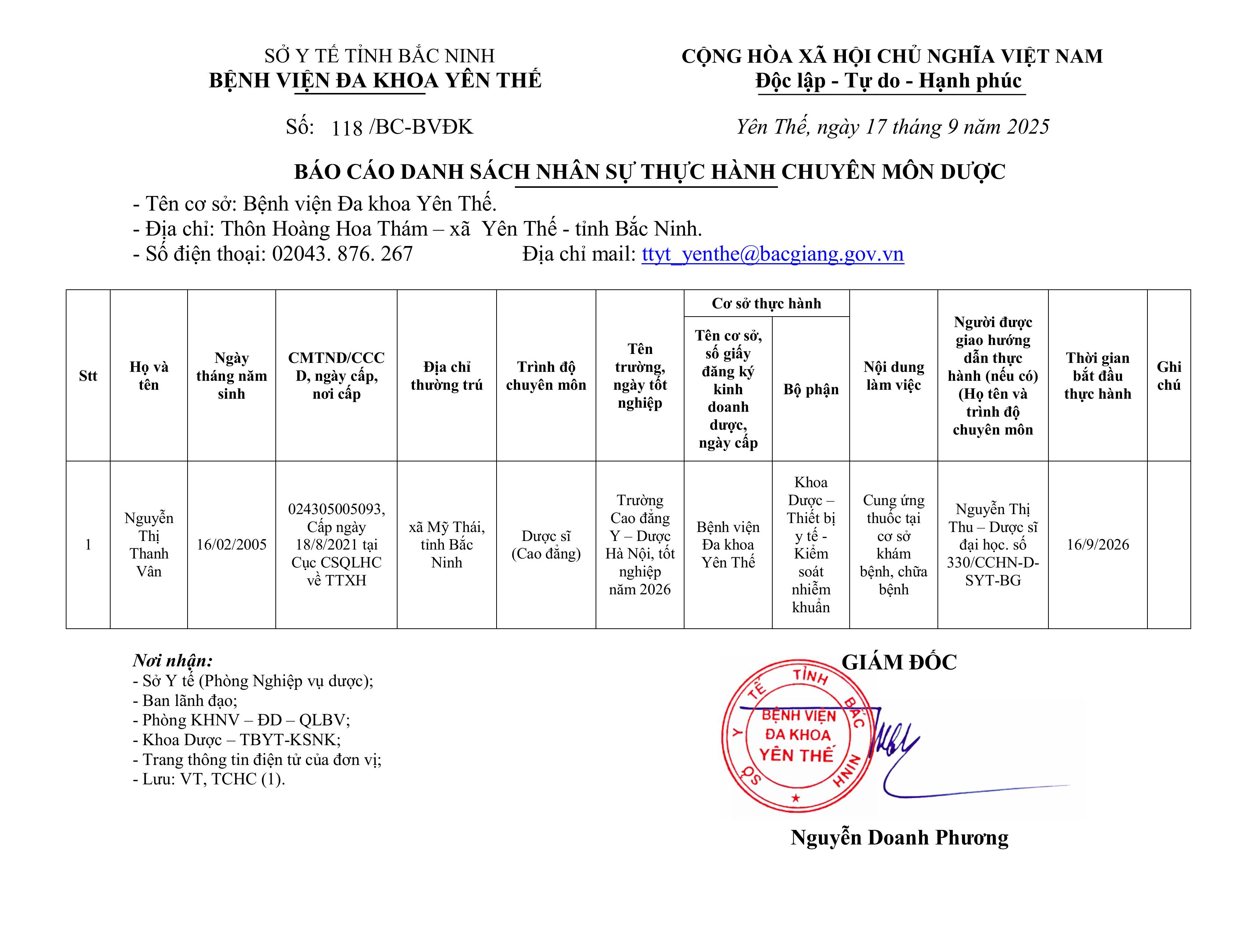 Báo cáo danh sách nhân sự thực hành chuyên môn dược tại BVĐK Yên Thế